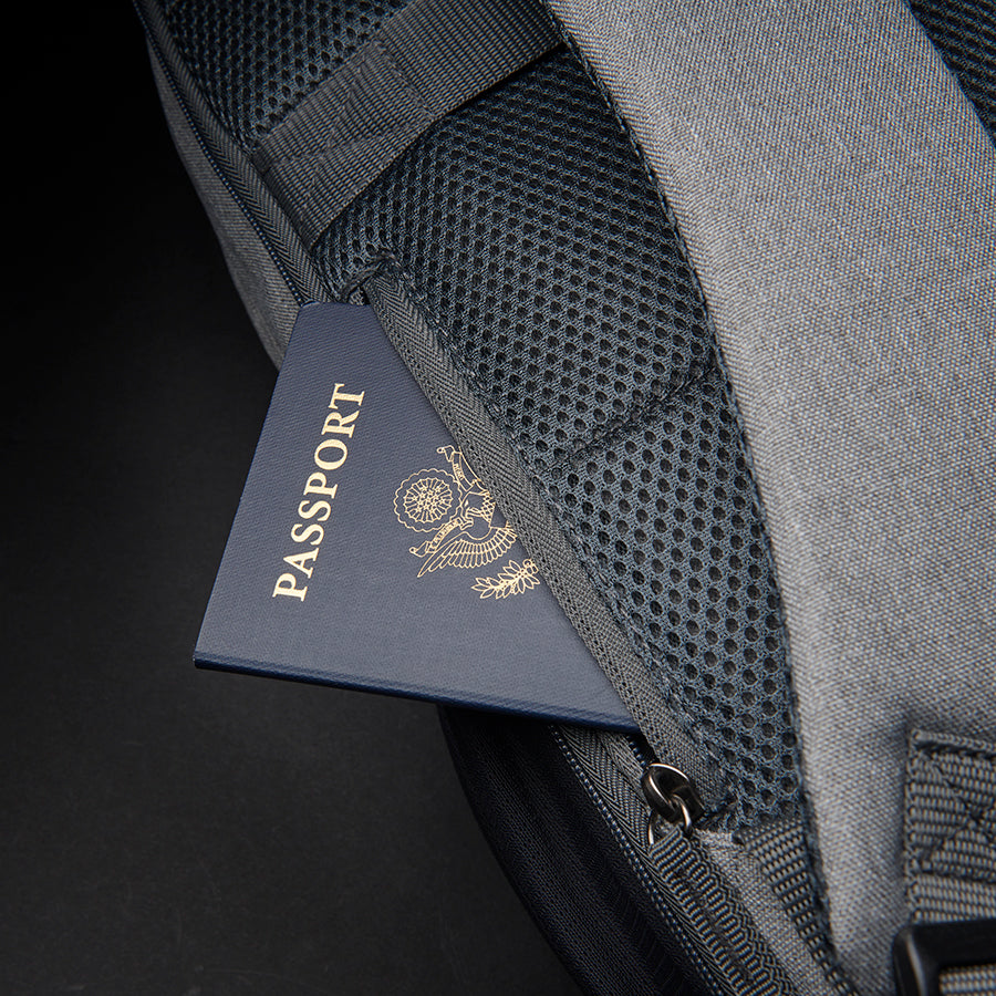 passport/wallet pocket on side of Solo Re:define backpack in grey