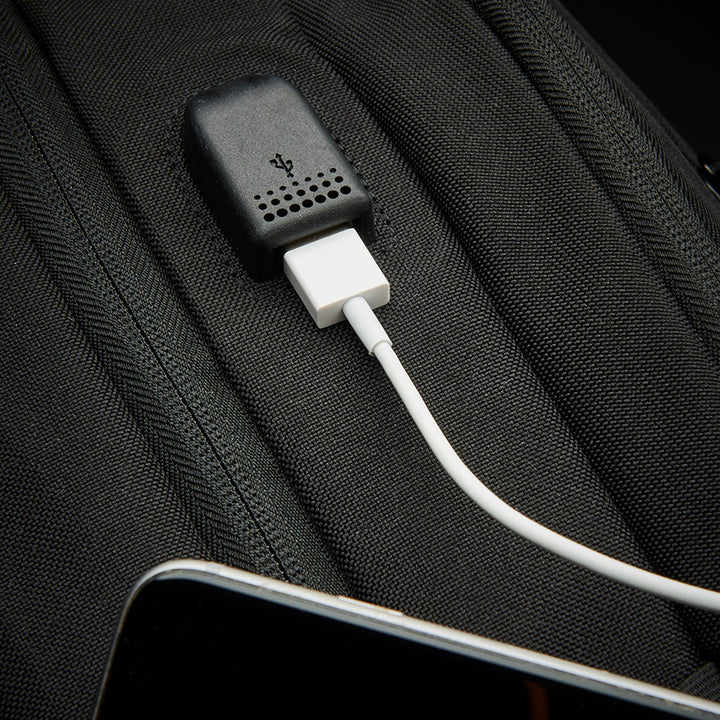 view of charging port on Solo Re:define backpack