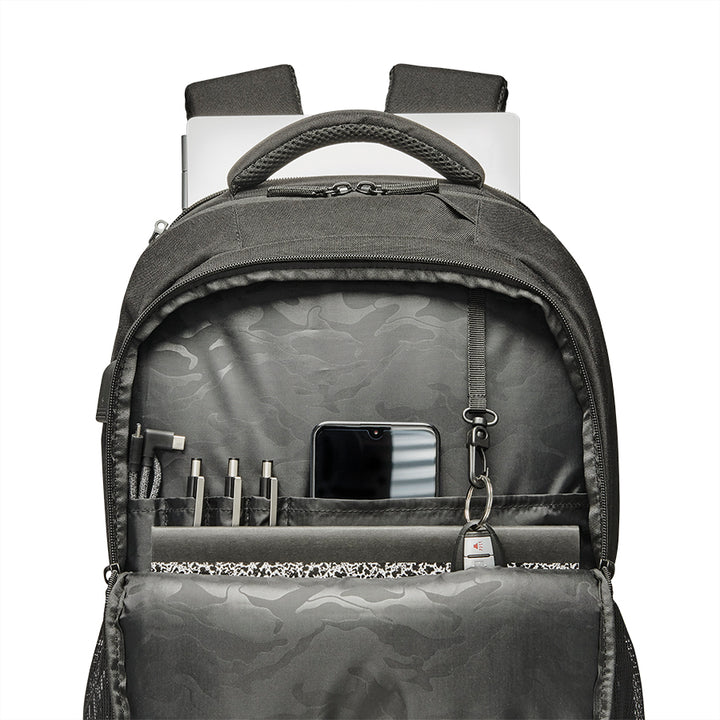 view showing open front pocket of Solo Re:define backpack in black