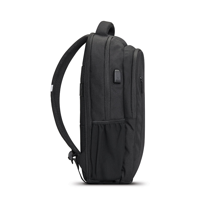 left side view of Solo Re:define backpack in black showing backstrap and water bottle pocket