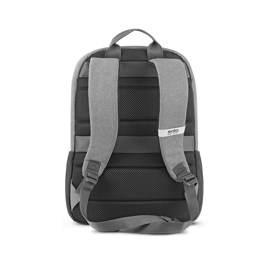 view of back straps on Solo Re:cover Backpack in grey