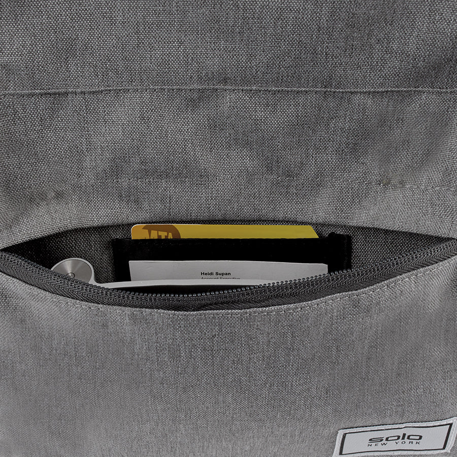 closeup of front pocket on Solo Re:cover Backpack