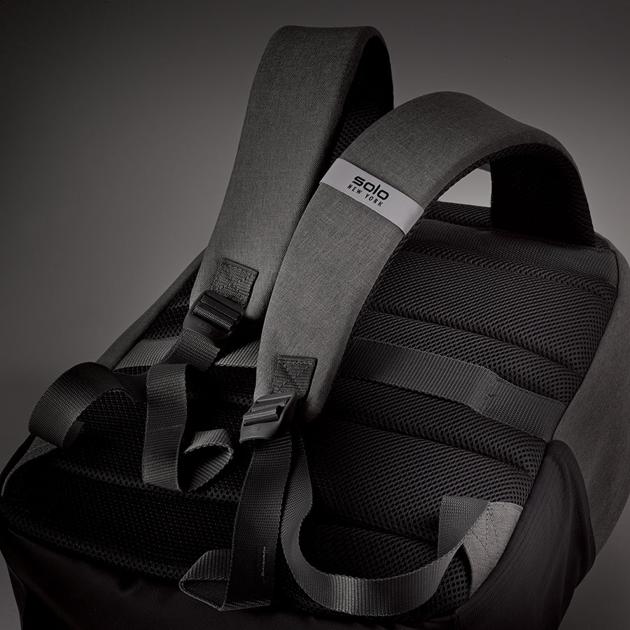 Close up of features on back of Solo Re:cover Backpack in grey