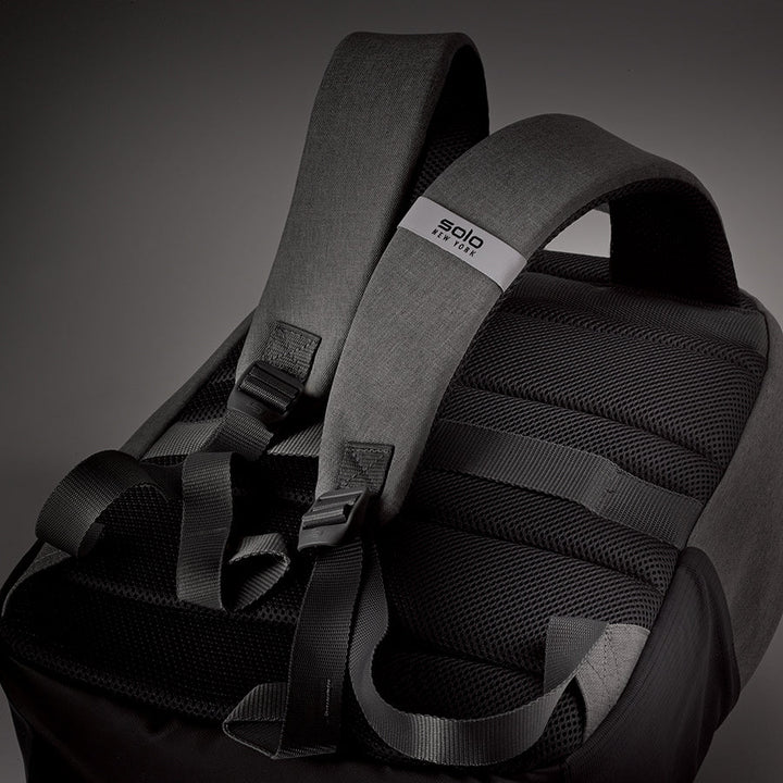Close up of features on back of Solo Re:cover Backpack in grey