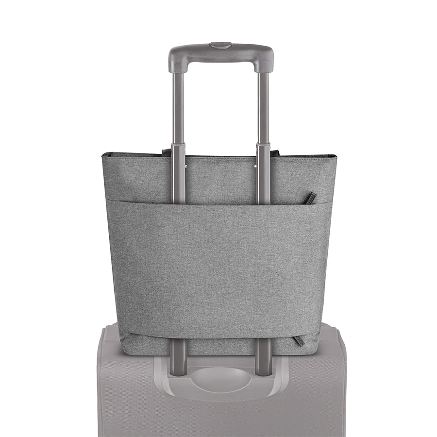 Solo Re:store Tote in grey attached to suitcase handle