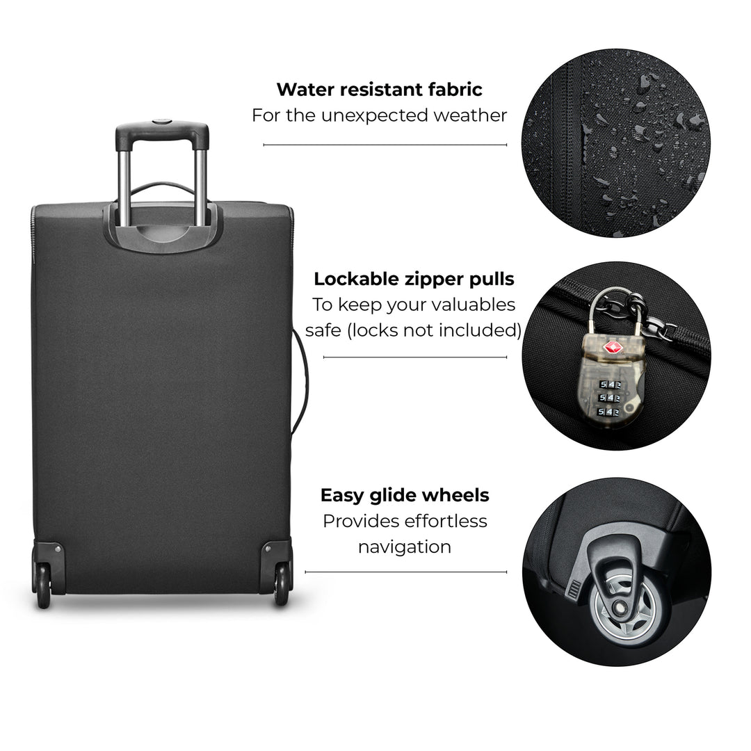 image highlighting Solo Re:treat Check-In features including water resistant fabric, lockable zipper pulls, and easy glide wheels