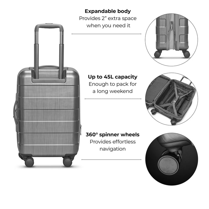 Solo Re:serve Carry-On Spinner feature callouts including expandable body, 45L capacity, and 360 degree spinner wheels 