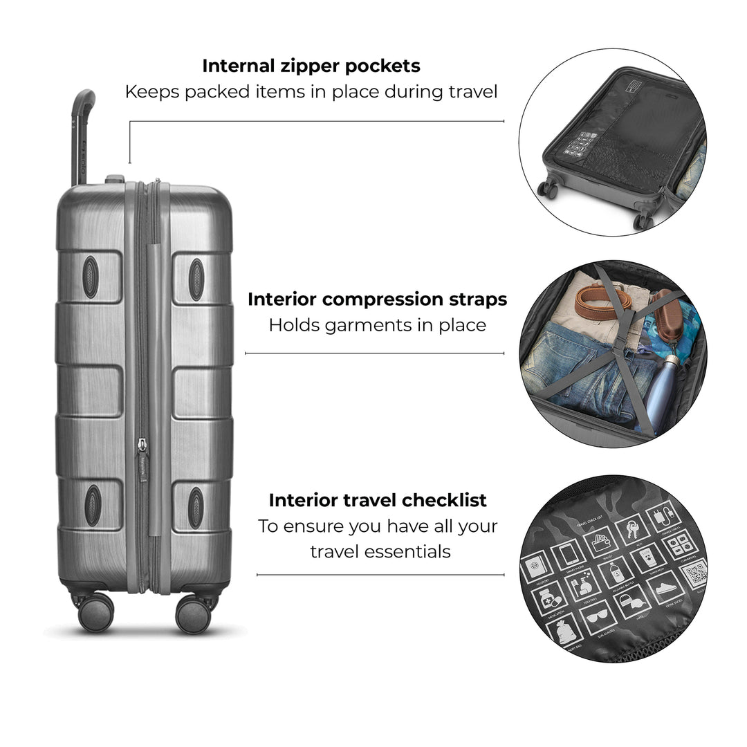 Solo Re:serve Check-In Spinner Suitcase features callout including internal zipper pockets, interior compression straps, and interior travel checklist