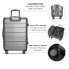 Solo Re:serve Check-In Spinner Suitcase features callout including expandable body, 75L capacity, and 360 degree spinner wheels