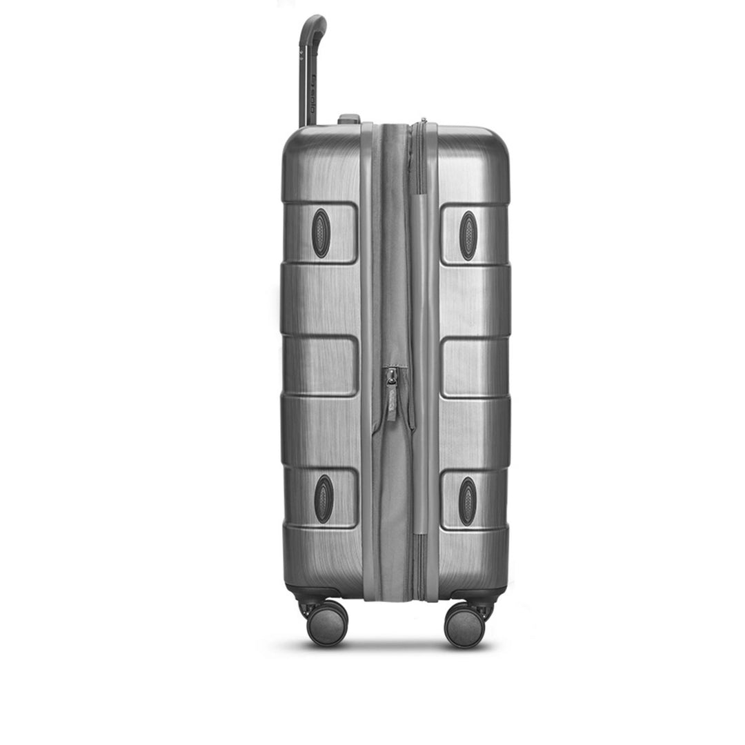 side view of Solo Re:serve Check-In Spinner suitcase while expanded 