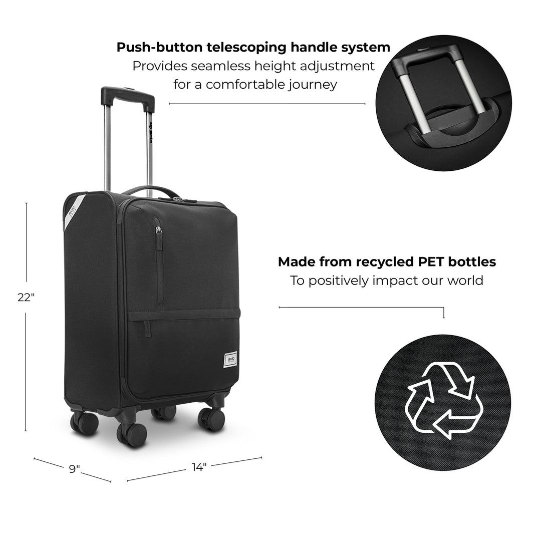 Solo Re:treat Carry-On Spinner Suitcase feature callout including push-button telescoping handle system and PET bottle construction