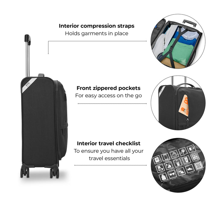 Solo Re:treat Carry-On Spinner Suitcase feature callout including interior compression straps, front zippered pockets, and interior travel checklist
