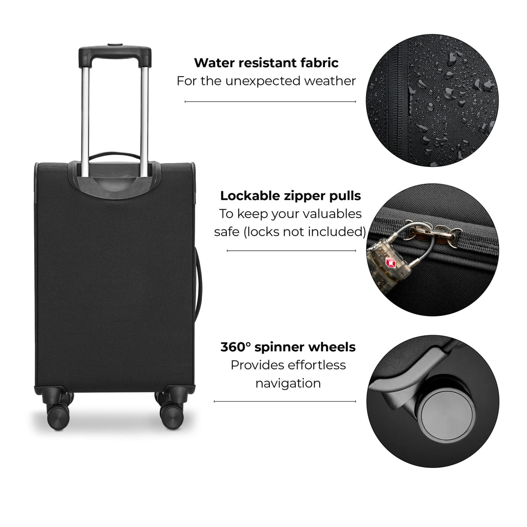 Solo Re:treat Carry-On Spinner Suitcase feature callout including water resistant fabric, lockable zipper pulls, and 360 degree spinner wheels