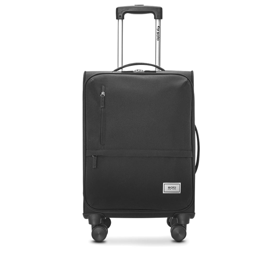front view of Solo Re:treat Carry-On Spinner Suitcase in black