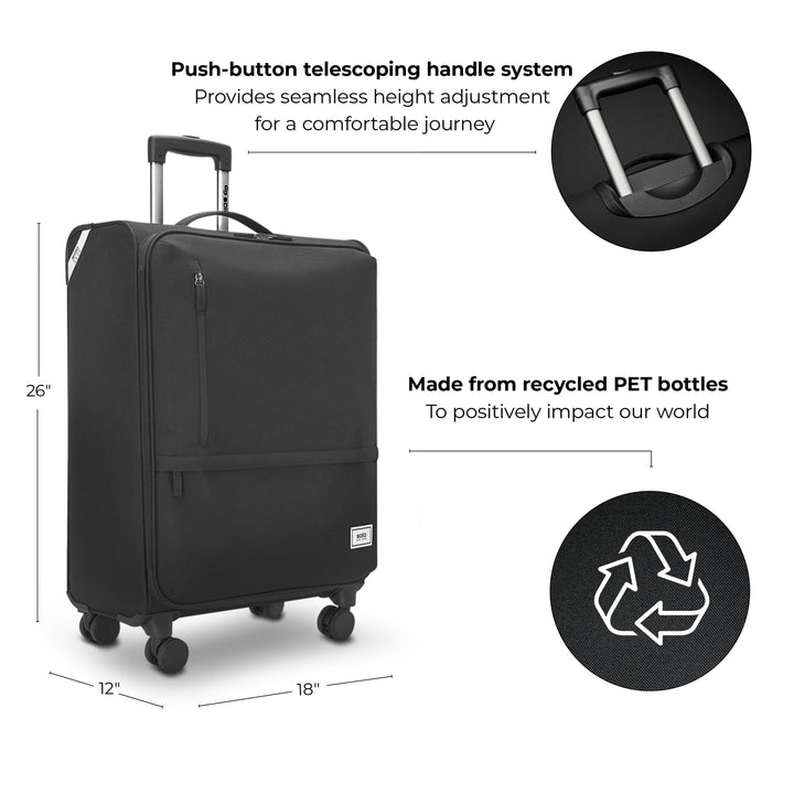 Solo Re:treat Check-in Spinner Suitcase feature callout including push-button telescoping handle system and recycled PET bottle construction 