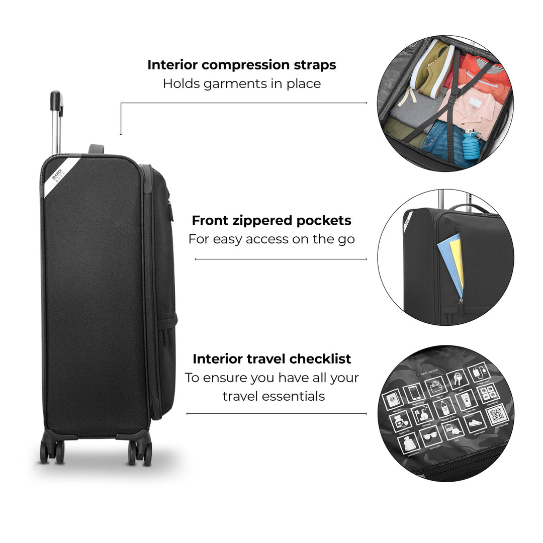 Solo Re:treat Check-in Spinner Suitcase feature callout including interior compression straps, front zippered pockets, and interior travel checklist