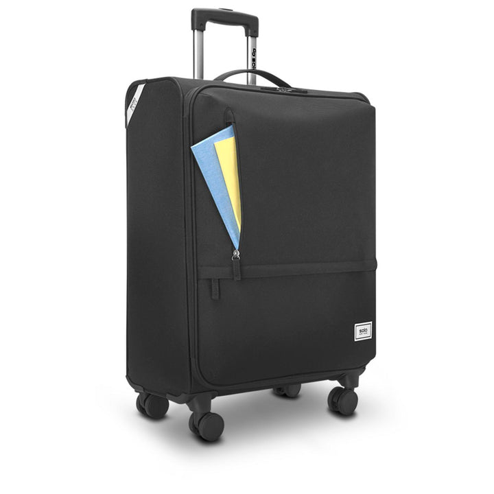 additional front side view of Solo Re:treat Check-in Spinner Suitcase showing front zipper pocket usage