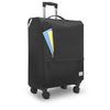 additional front side view of Solo Re:treat Check-in Spinner Suitcase showing front zipper pocket usage
